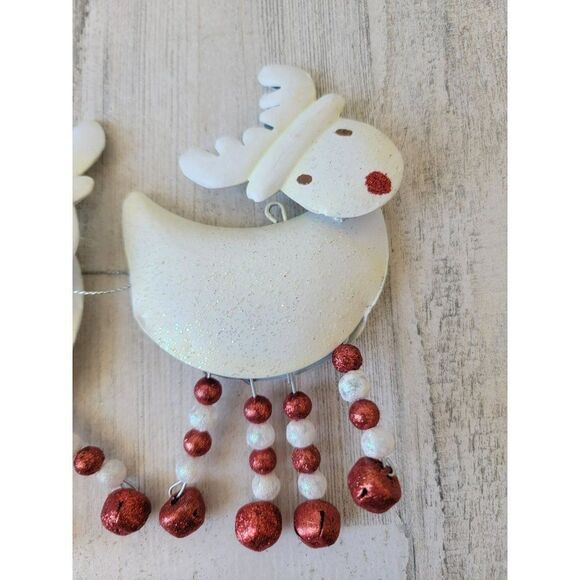 White Rudolph Red-Nosed Reindeer dangle feet Bell set glitter ornament Xmas - Picture 3 of 7